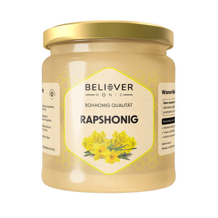 Believer Rapshonig 500g: Cremiger roher Honig aus Raps – Mild und goldig, ideal für Brot und Tee