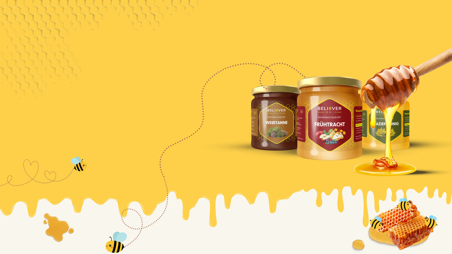 Believer Honig Banner – frischer roher Honig mit tropfendem Löffel und Gläsern, natürlicher Genuss
